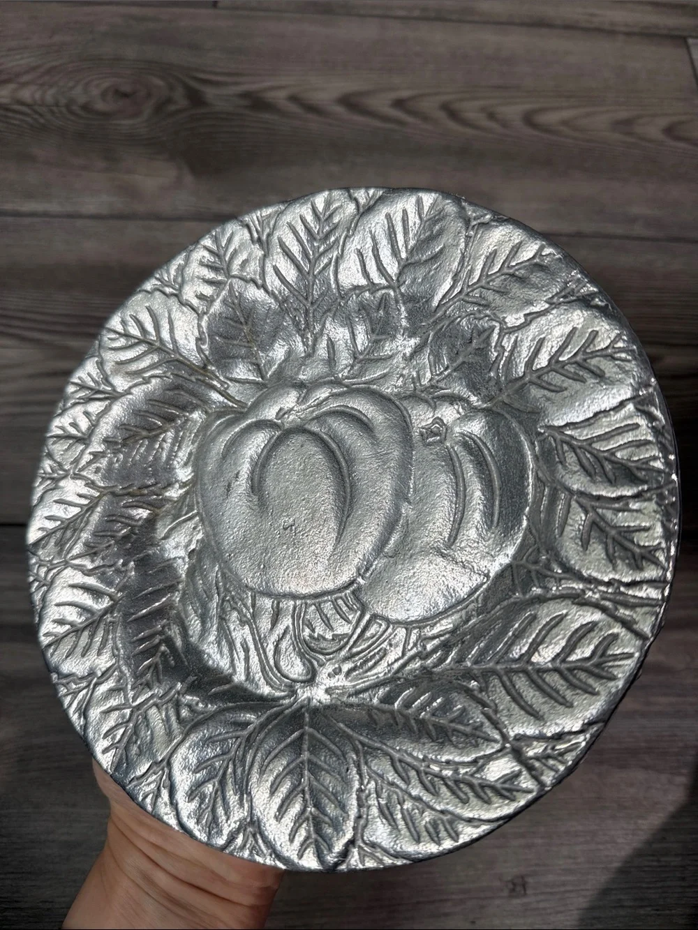 Set of 2 Vintage dinnerware pewter plates, fruit motif | 7.5”
